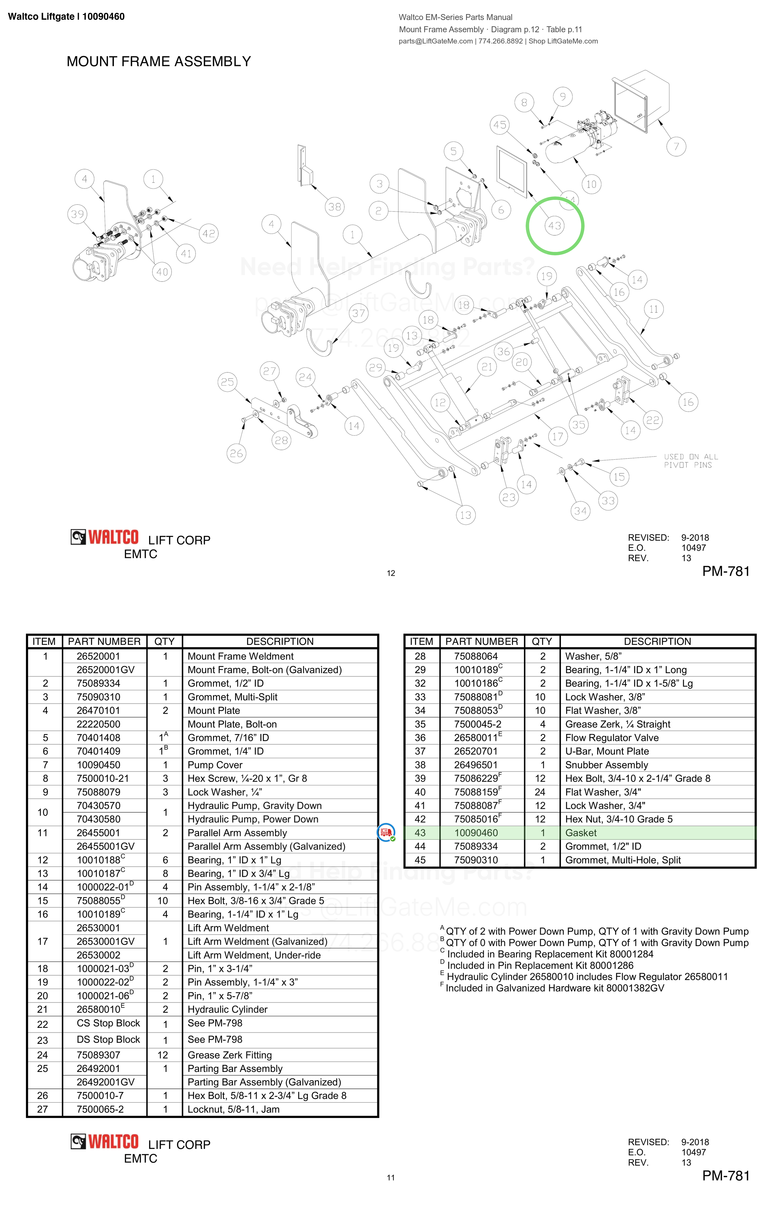 Waltco Liftgate | 10090460 — Mount Frame Assembly · Diagram p.12 · Table p.11 (Waltco EM-Series Parts Manual)