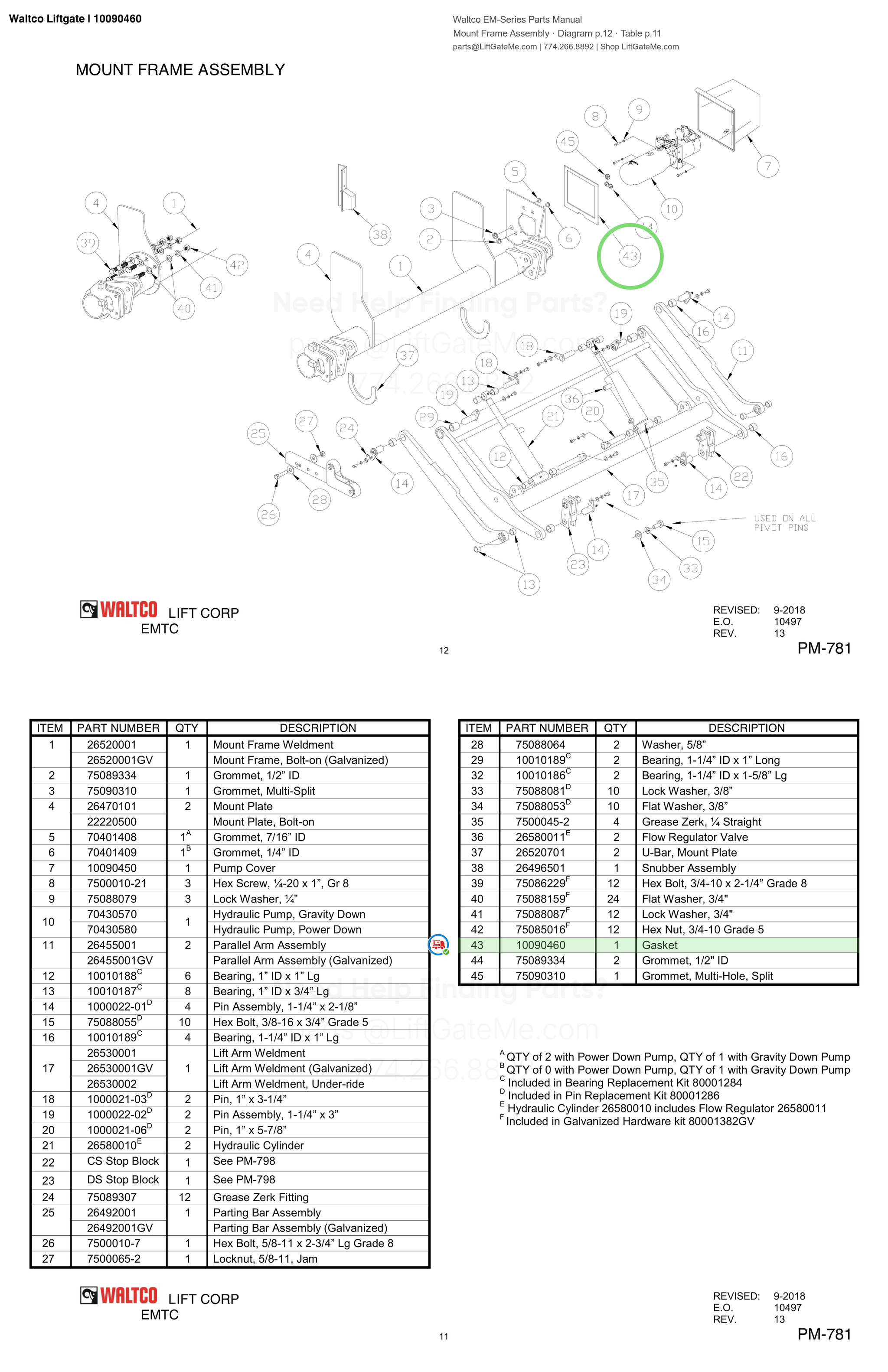 Waltco Liftgate | 10090460 — Mount Frame Assembly · Diagram p.12 · Table p.11 (Waltco EM-Series Parts Manual)