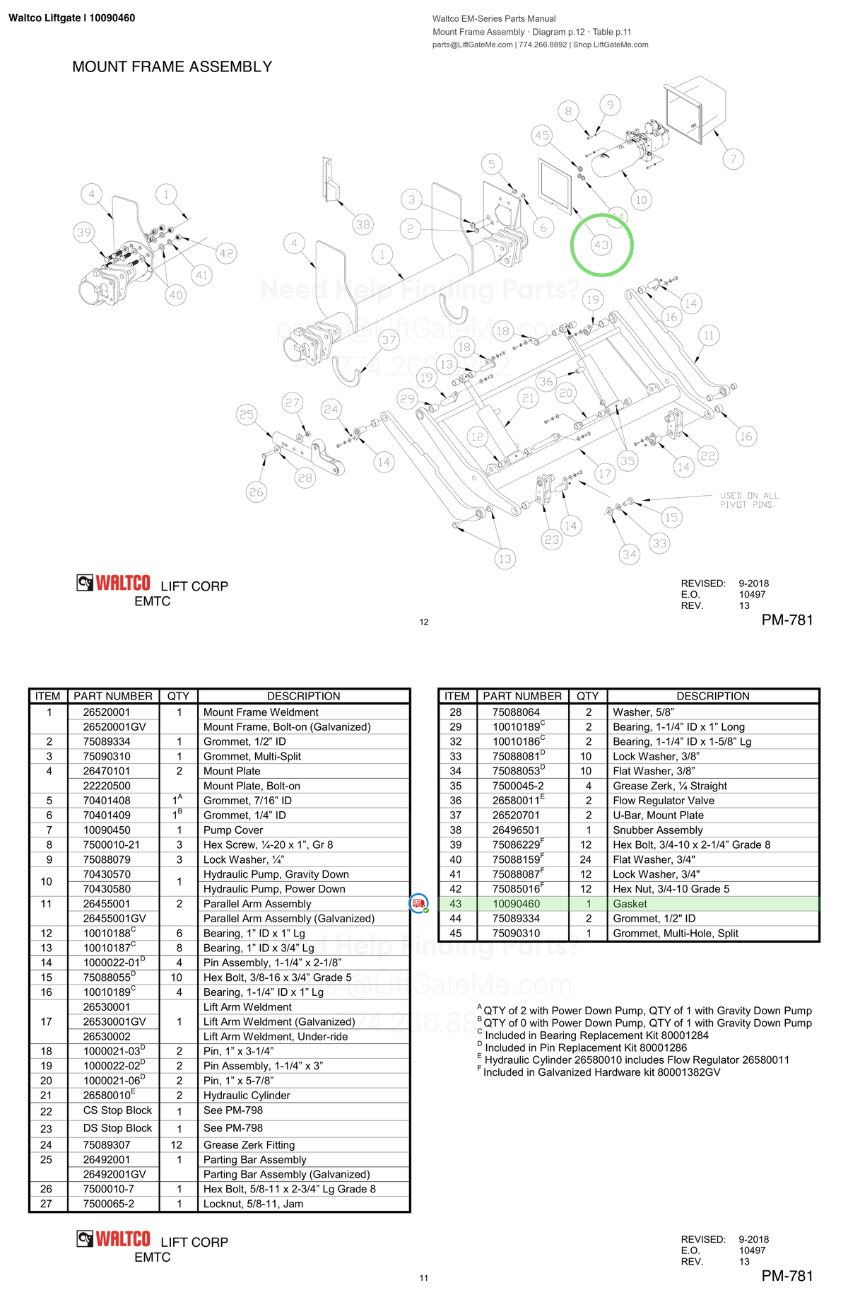 Waltco Liftgate | 10090460 — Mount Frame Assembly · Diagram p.12 · Table p.11 (Waltco EM-Series Parts Manual)