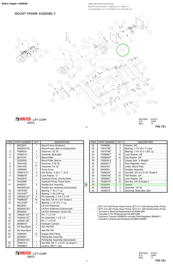 Waltco Liftgate | 10090460 — Mount Frame Assembly · Diagram p.12 · Table p.11 (Waltco EM-Series Parts Manual)