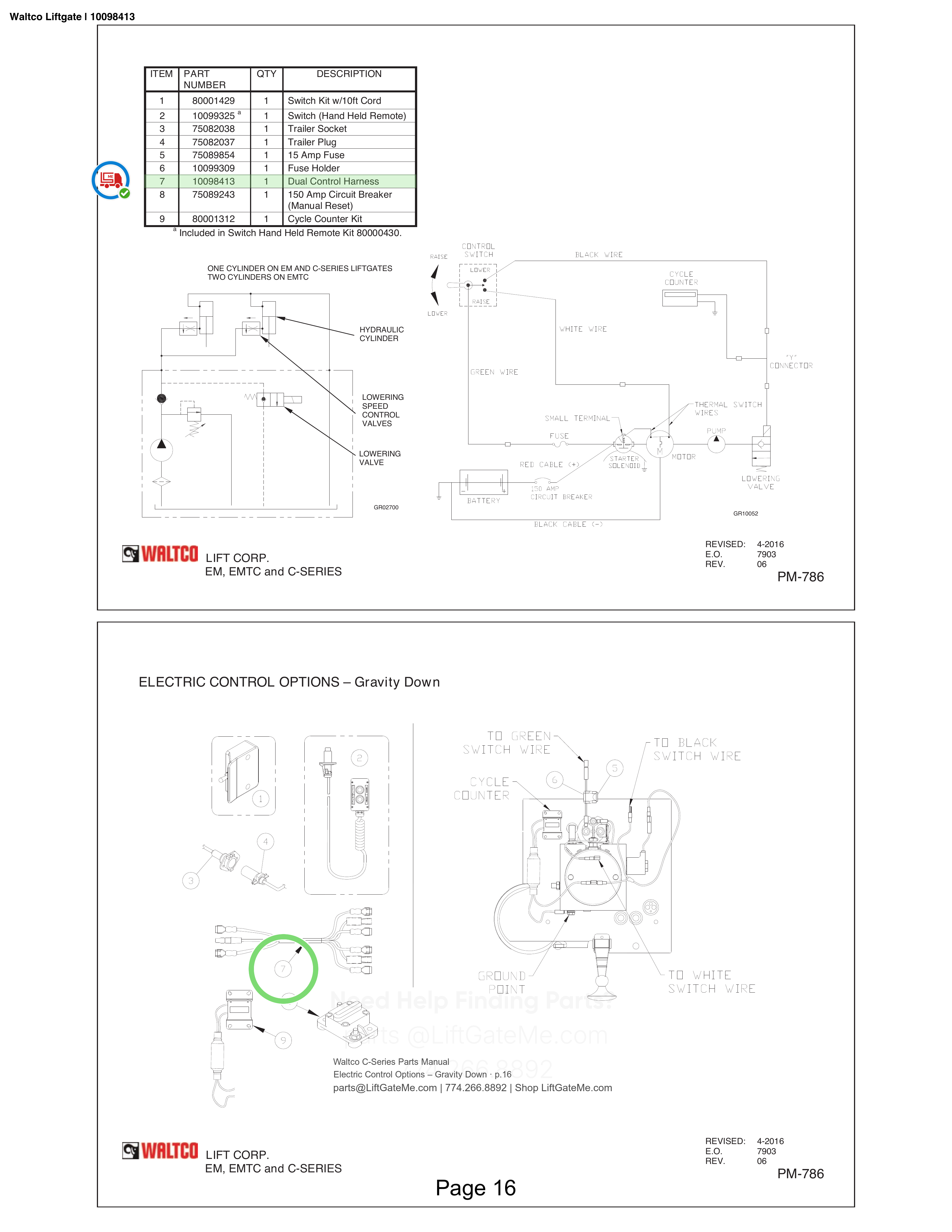Waltco Liftgate | 10098413 — Electric Control Options – Gravity Down · p.16 (Waltco C-Series Parts Manual)
