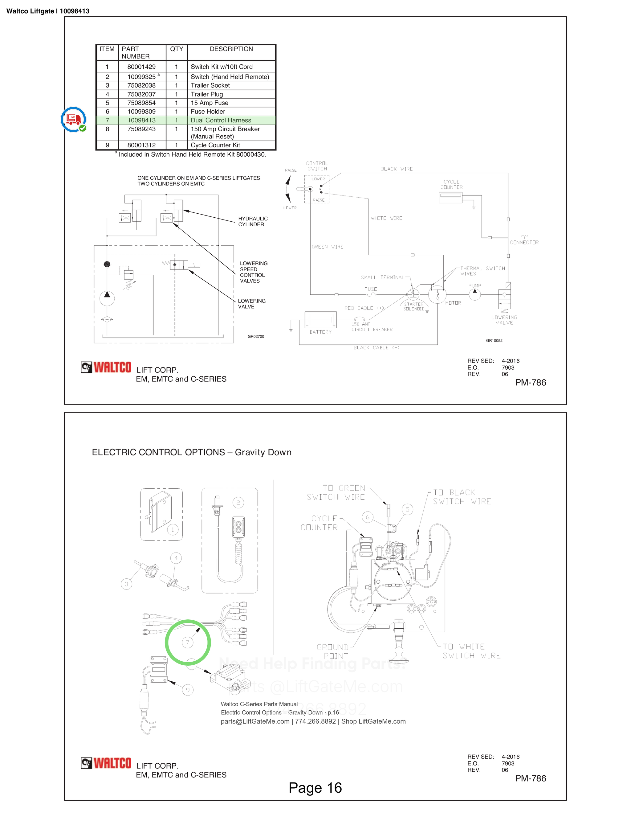 Waltco Liftgate | 10098413 — Electric Control Options – Gravity Down · p.16 (Waltco C-Series Parts Manual)