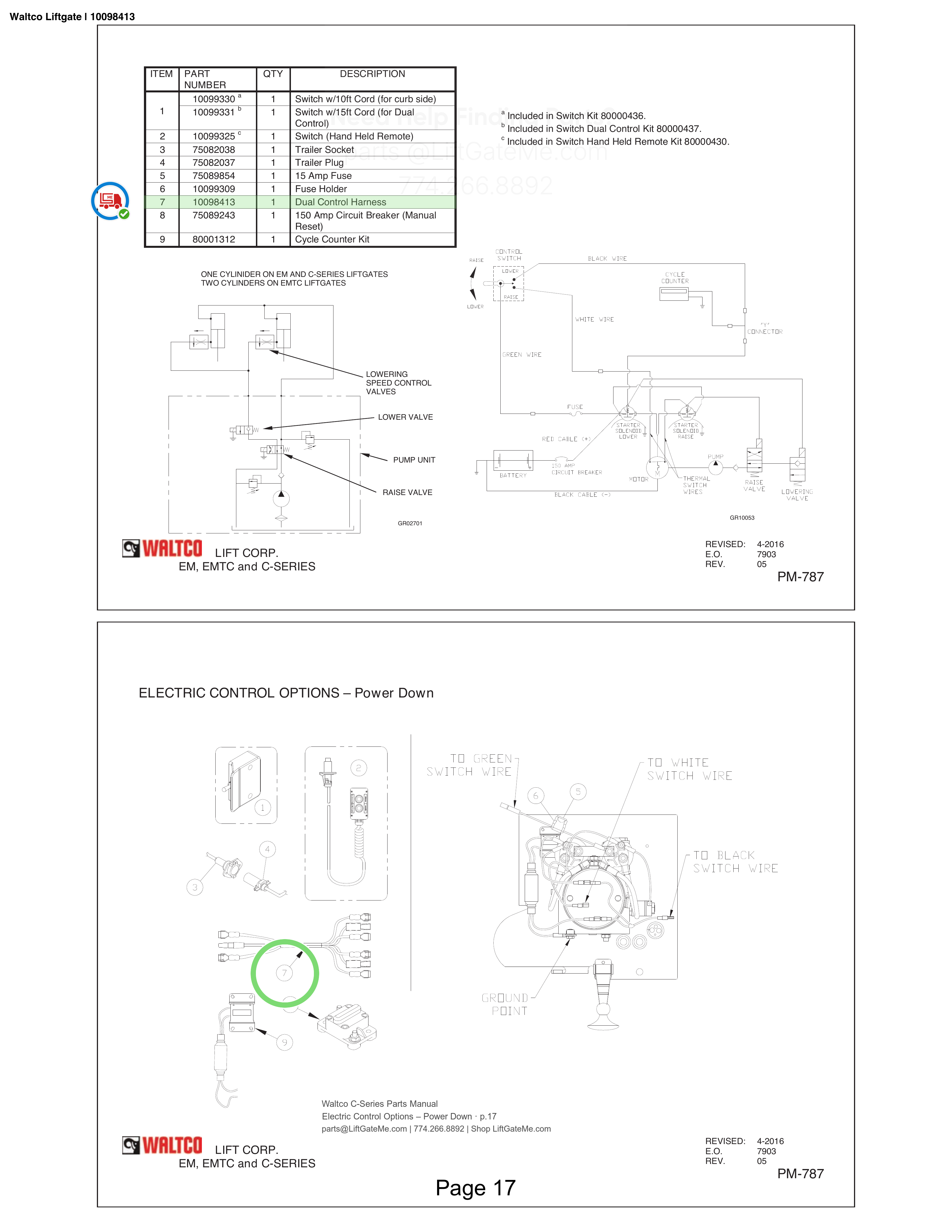 Waltco Liftgate | 10098413 — Electric Control Options – Power Down · p.17 (Waltco C-Series Parts Manual)