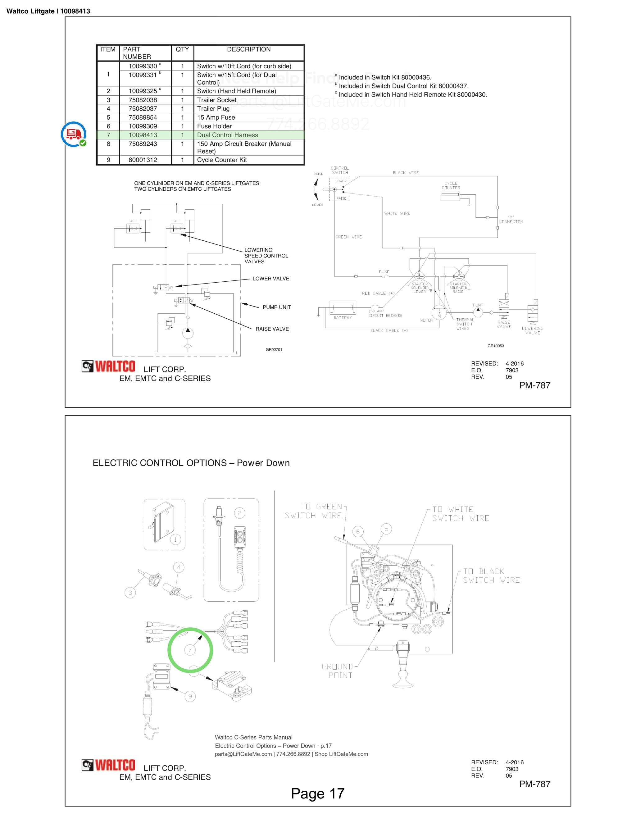 Waltco Liftgate | 10098413 — Electric Control Options – Power Down · p.17 (Waltco C-Series Parts Manual)