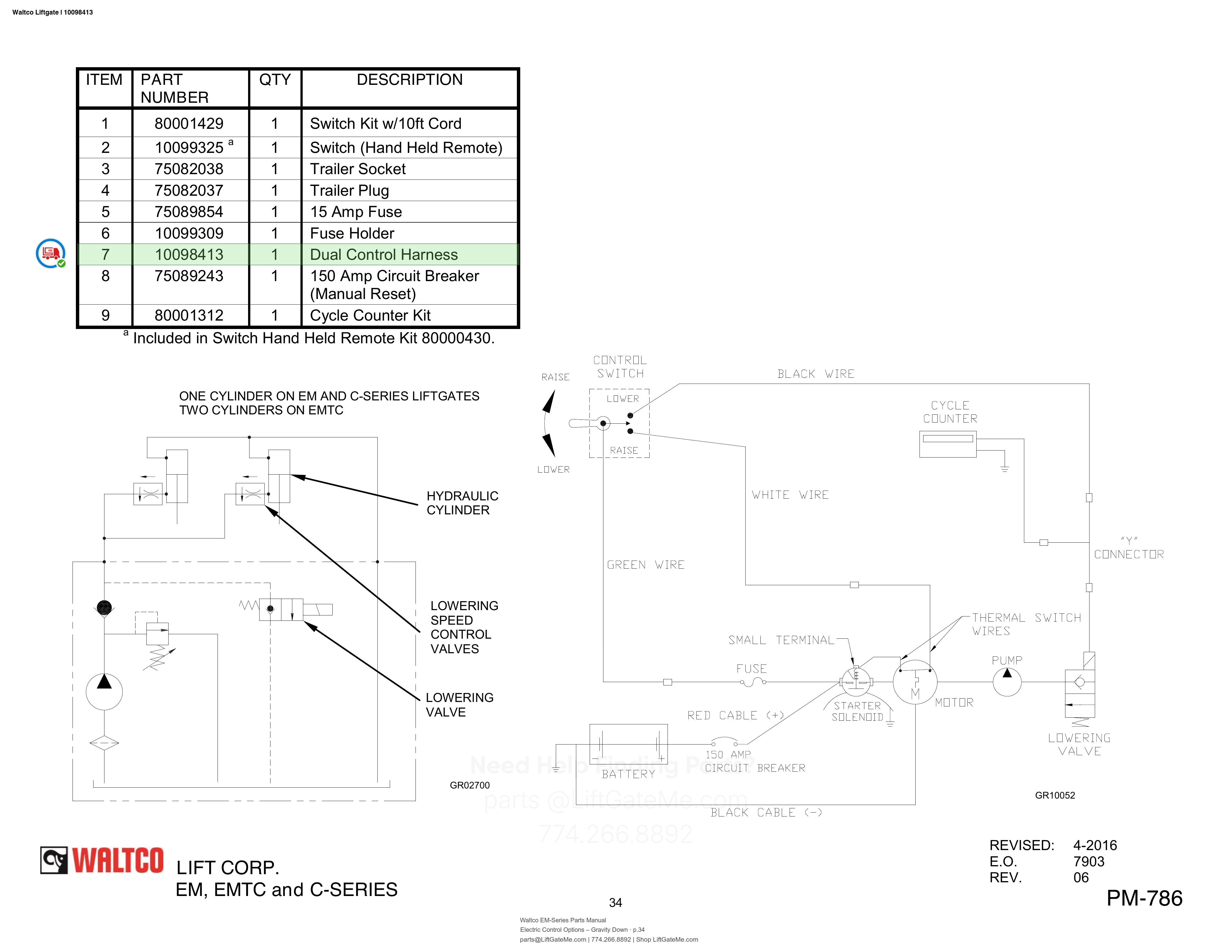 Waltco Liftgate | 10098413 — Electric Control Options – Gravity Down · p.34 (Waltco EM-Series Parts Manual)