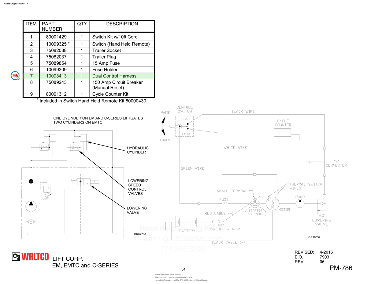Waltco Liftgate | 10098413 — Electric Control Options – Gravity Down · p.34 (Waltco EM-Series Parts Manual)