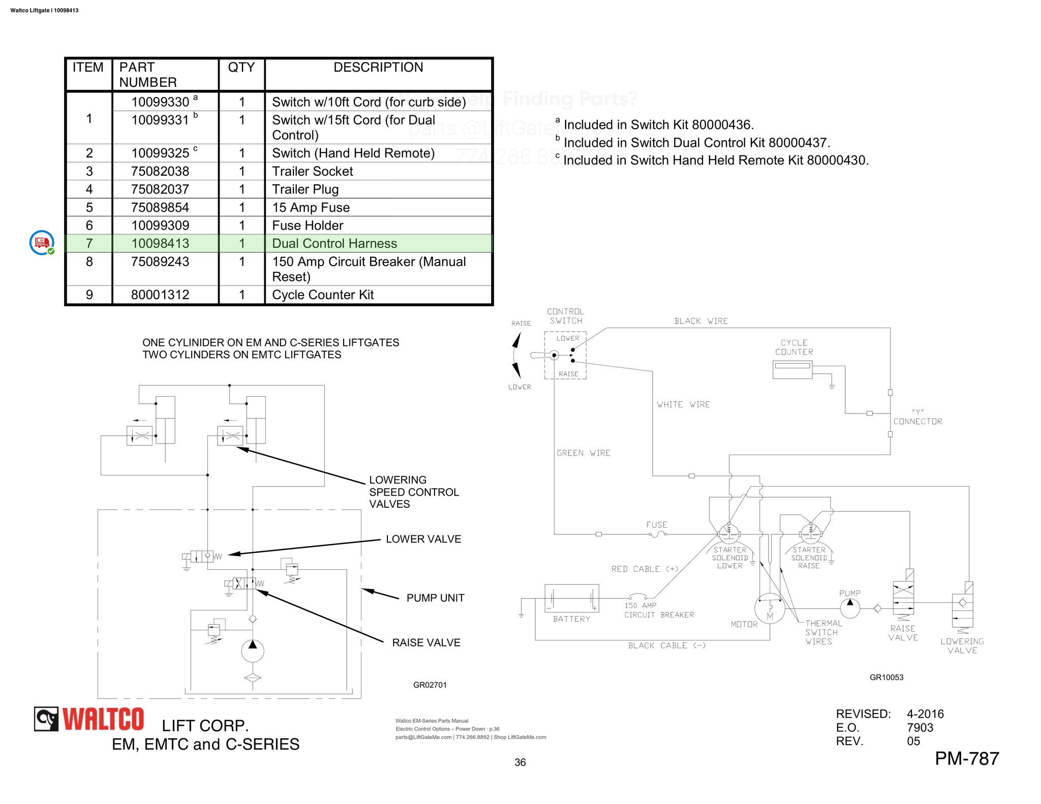 Waltco Liftgate | 10098413 — Electric Control Options – Power Down · p.36 (Waltco EM-Series Parts Manual)
