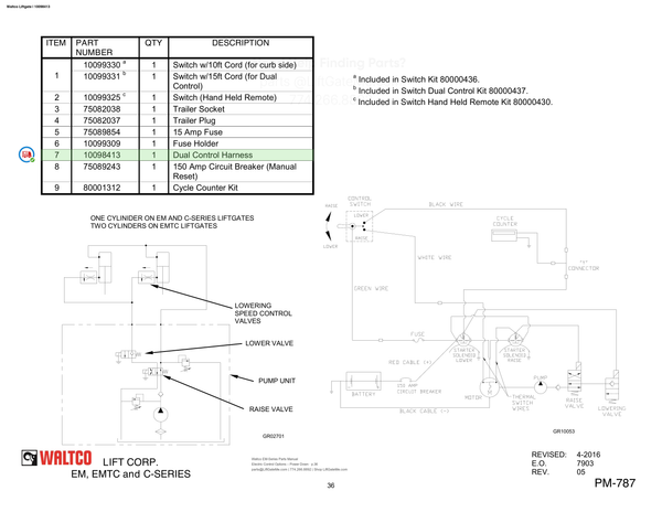 Waltco Liftgate | 10098413 — Electric Control Options – Power Down · p.36 (Waltco EM-Series Parts Manual)