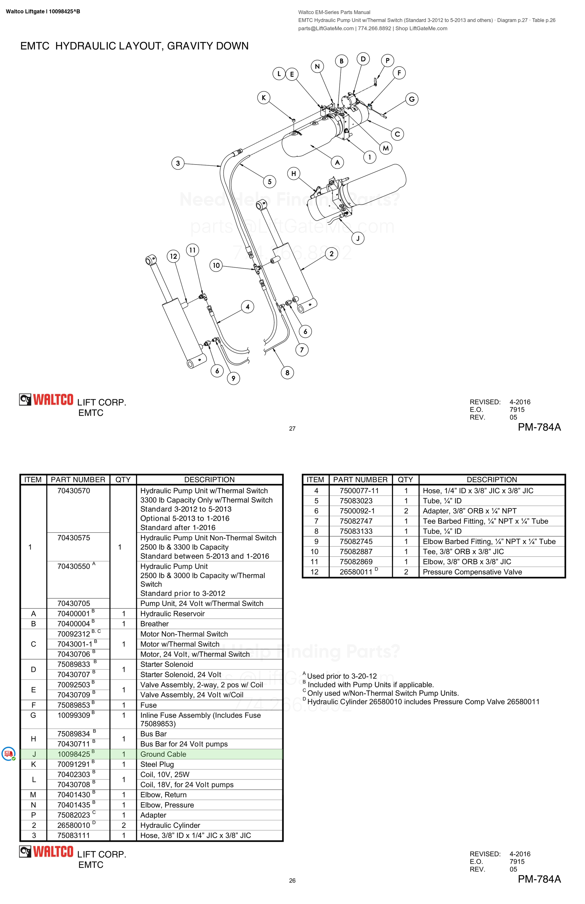 Waltco Liftgate | 10098425 — EMTC Hydraulic Pump Unit w/Thermal Switch (Standard 3-2012 to 5-2013 and others) · Diagram p.27 · Table p.26 (Waltco EM-Series Parts Manual)