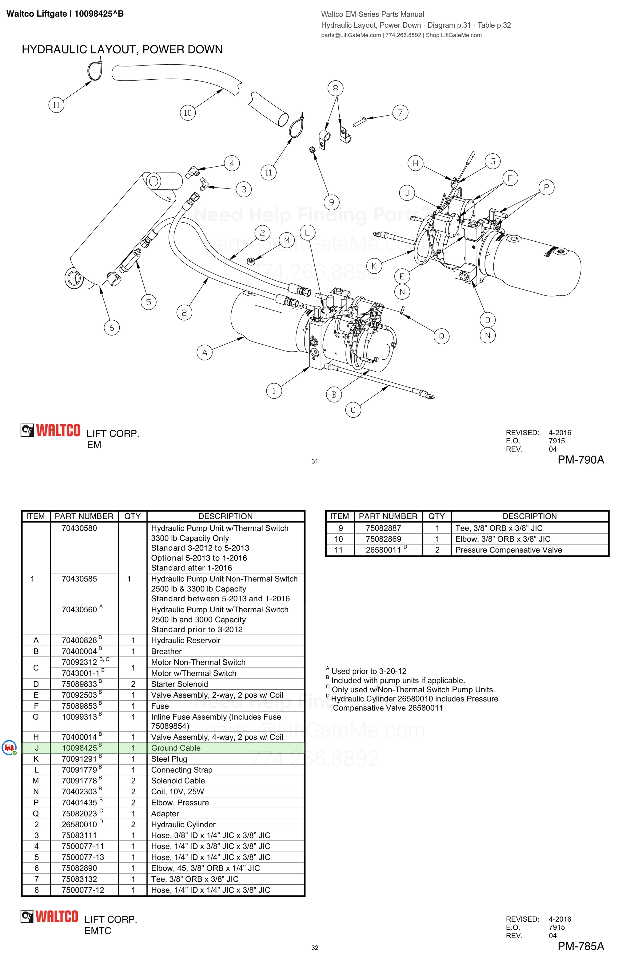 Waltco Liftgate | 10098425 — Hydraulic Layout, Power Down · Diagram p.31 · Table p.32 (Waltco EM-Series Parts Manual)
