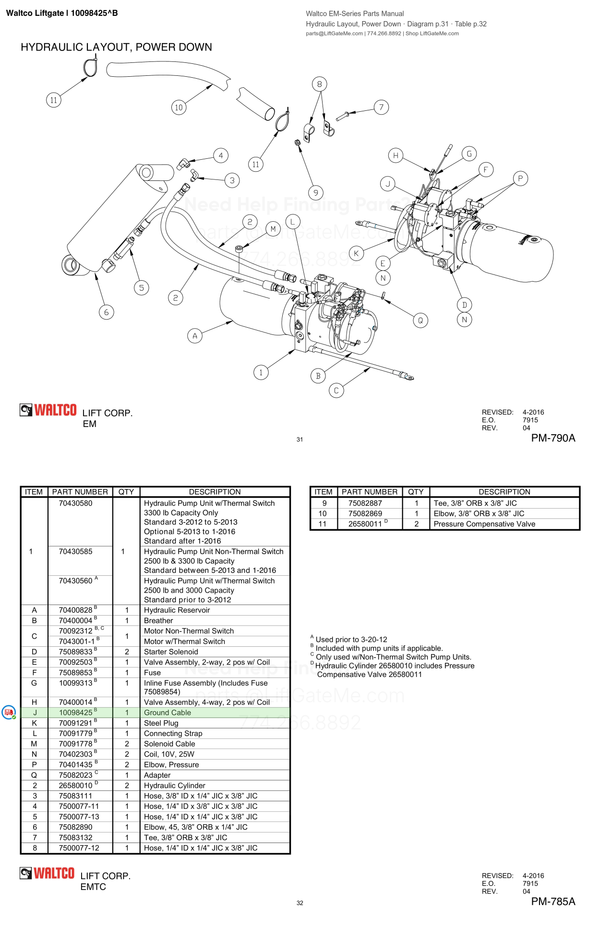 Waltco Liftgate | 10098425 — Hydraulic Layout, Power Down · Diagram p.31 · Table p.32 (Waltco EM-Series Parts Manual)