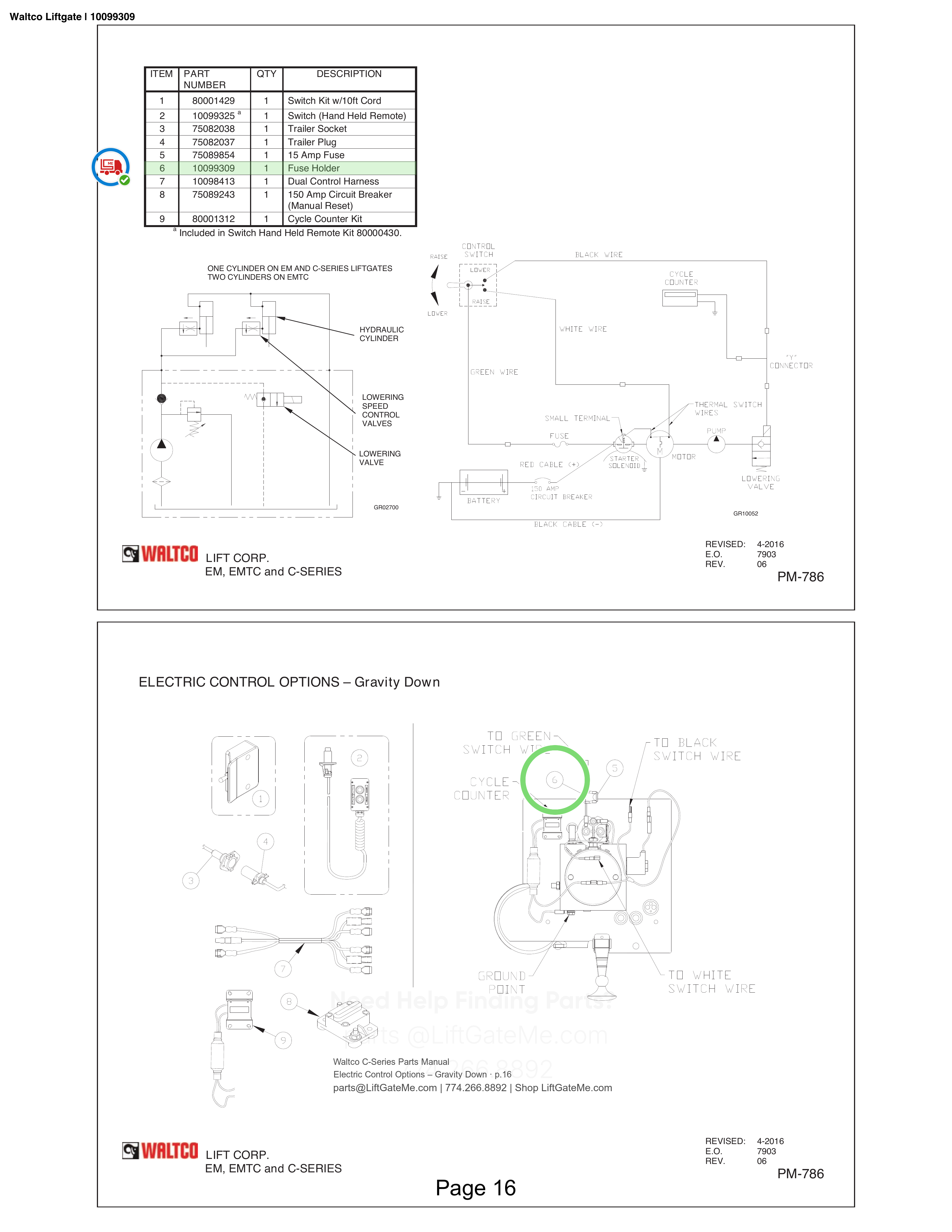 Waltco Liftgate | 10099309 — Electric Control Options – Gravity Down · p.16 (Waltco C-Series Parts Manual)