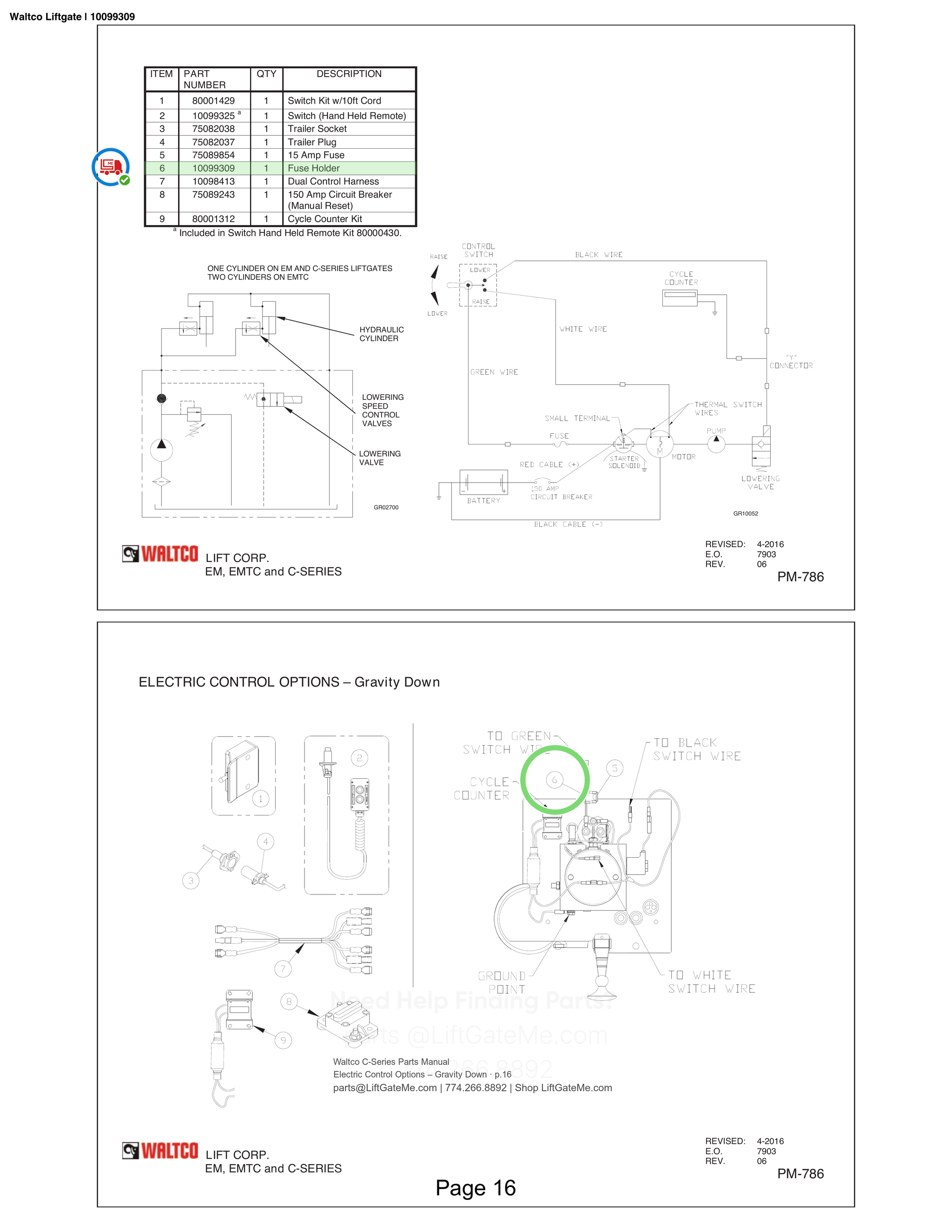 Waltco Liftgate | 10099309 — Electric Control Options – Gravity Down · p.16 (Waltco C-Series Parts Manual)