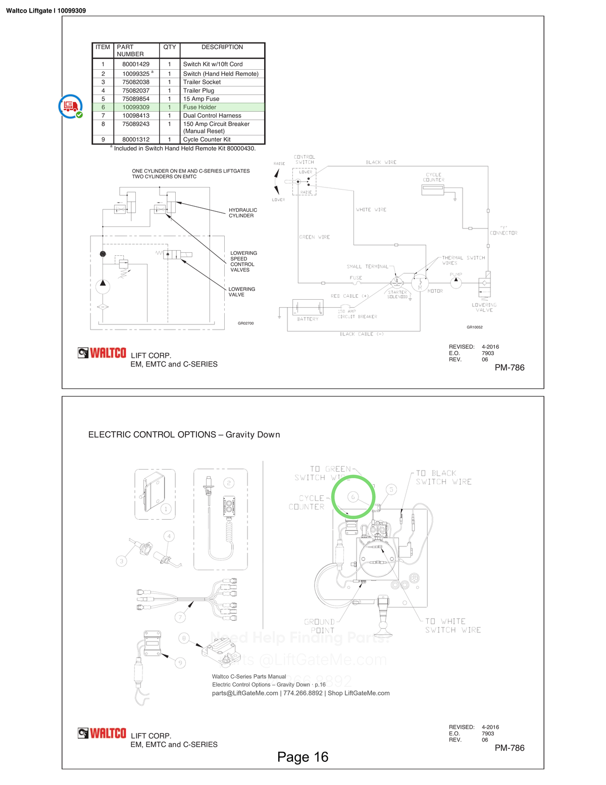 Waltco Liftgate | 10099309 — Electric Control Options – Gravity Down · p.16 (Waltco C-Series Parts Manual)
