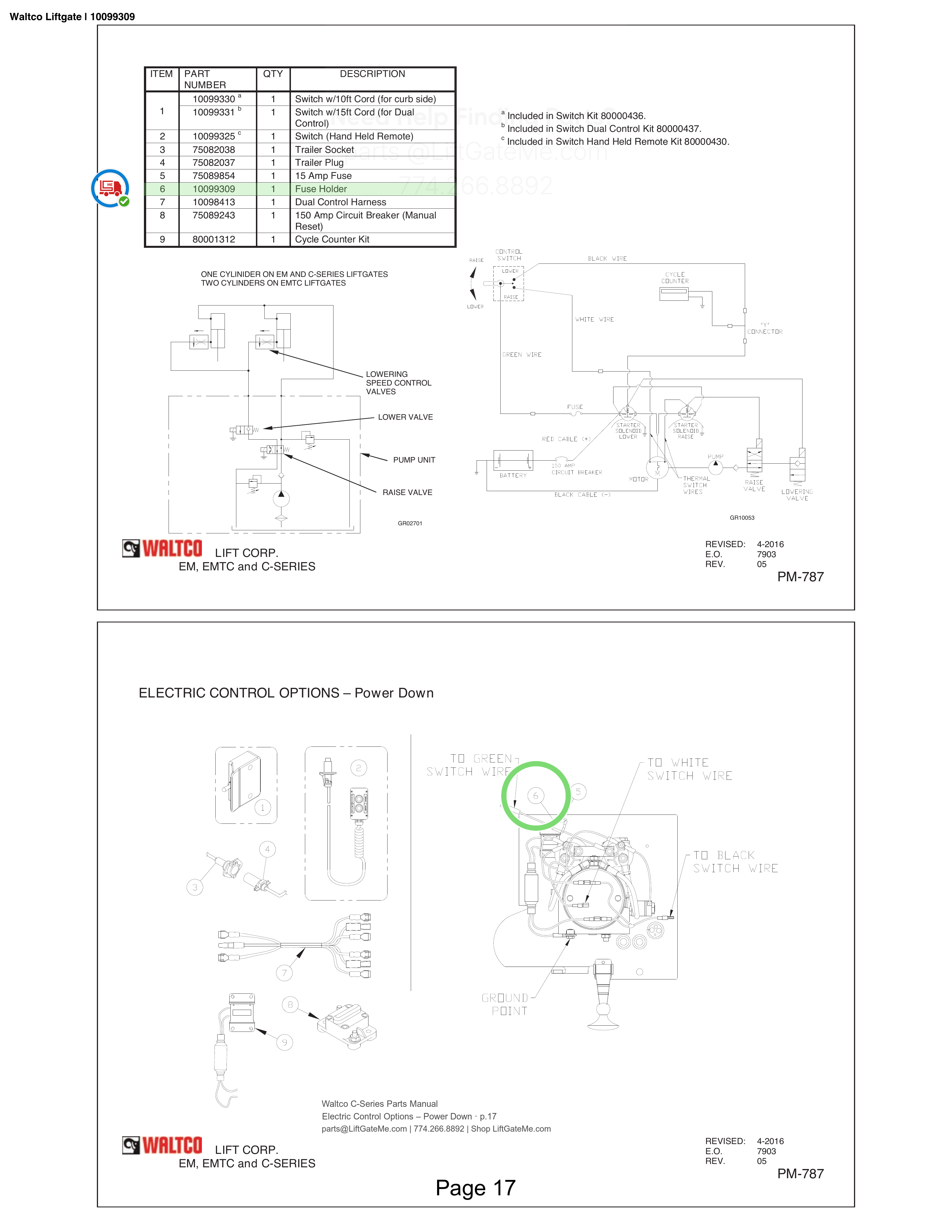 Waltco Liftgate | 10099309 — Electric Control Options – Power Down · p.17 (Waltco C-Series Parts Manual)