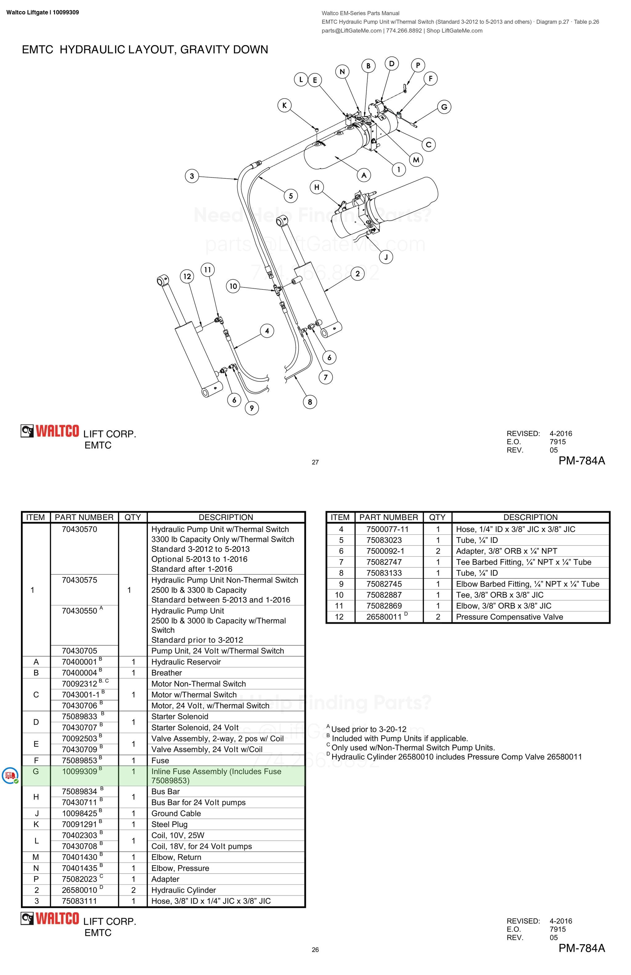 Waltco Liftgate | 10099309 — EMTC Hydraulic Pump Unit w/Thermal Switch (Standard 3-2012 to 5-2013 and others) · Diagram p.27 · Table p.26 (Waltco EM-Series Parts Manual)