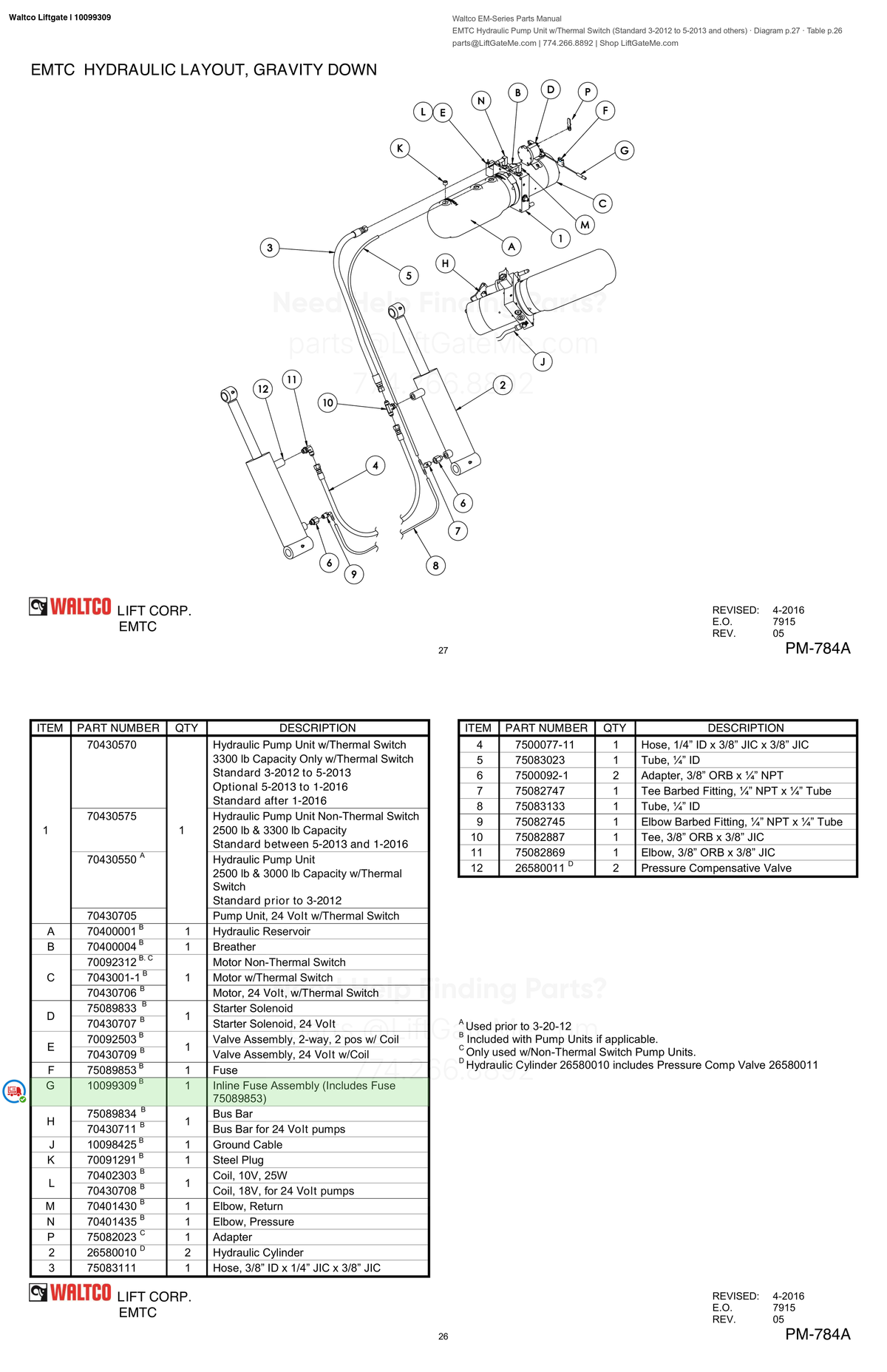 Waltco Liftgate | 10099309 — EMTC Hydraulic Pump Unit w/Thermal Switch (Standard 3-2012 to 5-2013 and others) · Diagram p.27 · Table p.26 (Waltco EM-Series Parts Manual)