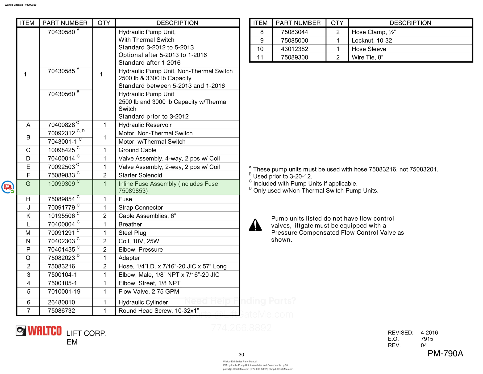 Waltco Liftgate | 10099309 — EM Hydraulic Pump Unit Assemblies and Components · p.30 (Waltco EM-Series Parts Manual)