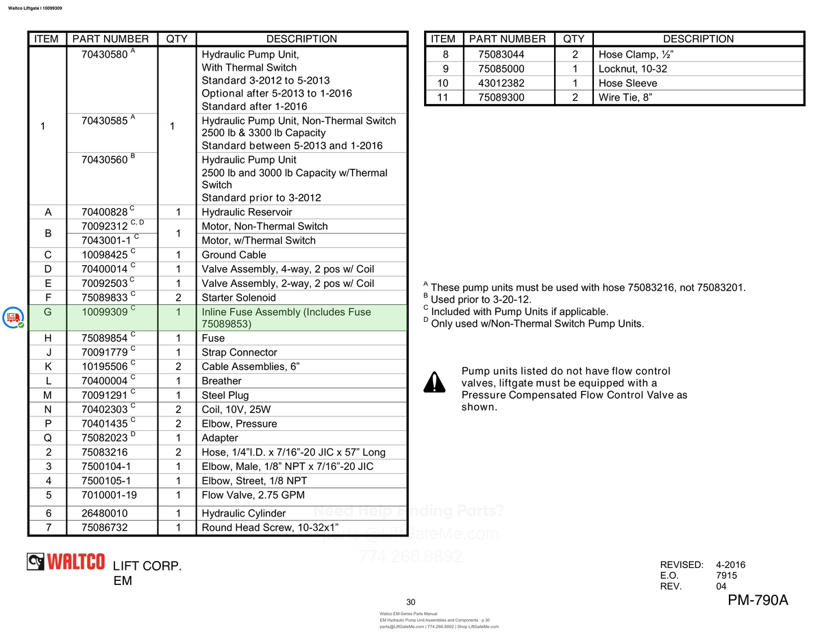 Waltco Liftgate | 10099309 — EM Hydraulic Pump Unit Assemblies and Components · p.30 (Waltco EM-Series Parts Manual)