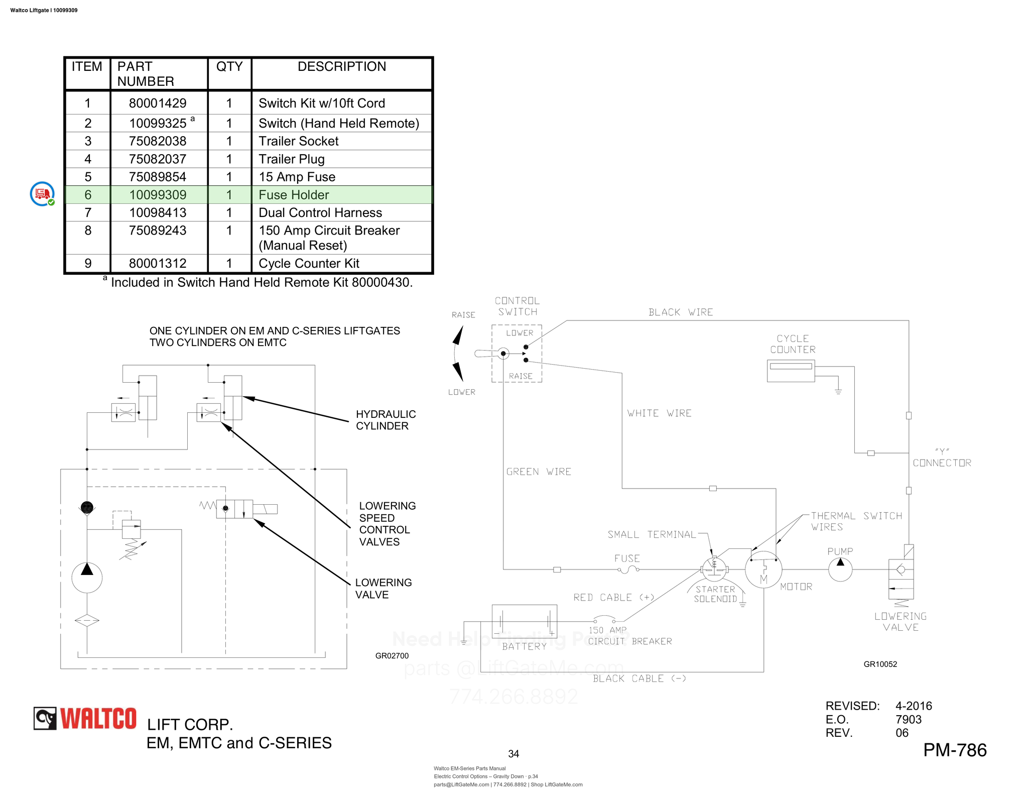 Waltco Liftgate | 10099309 — Electric Control Options – Gravity Down · p.34 (Waltco EM-Series Parts Manual)