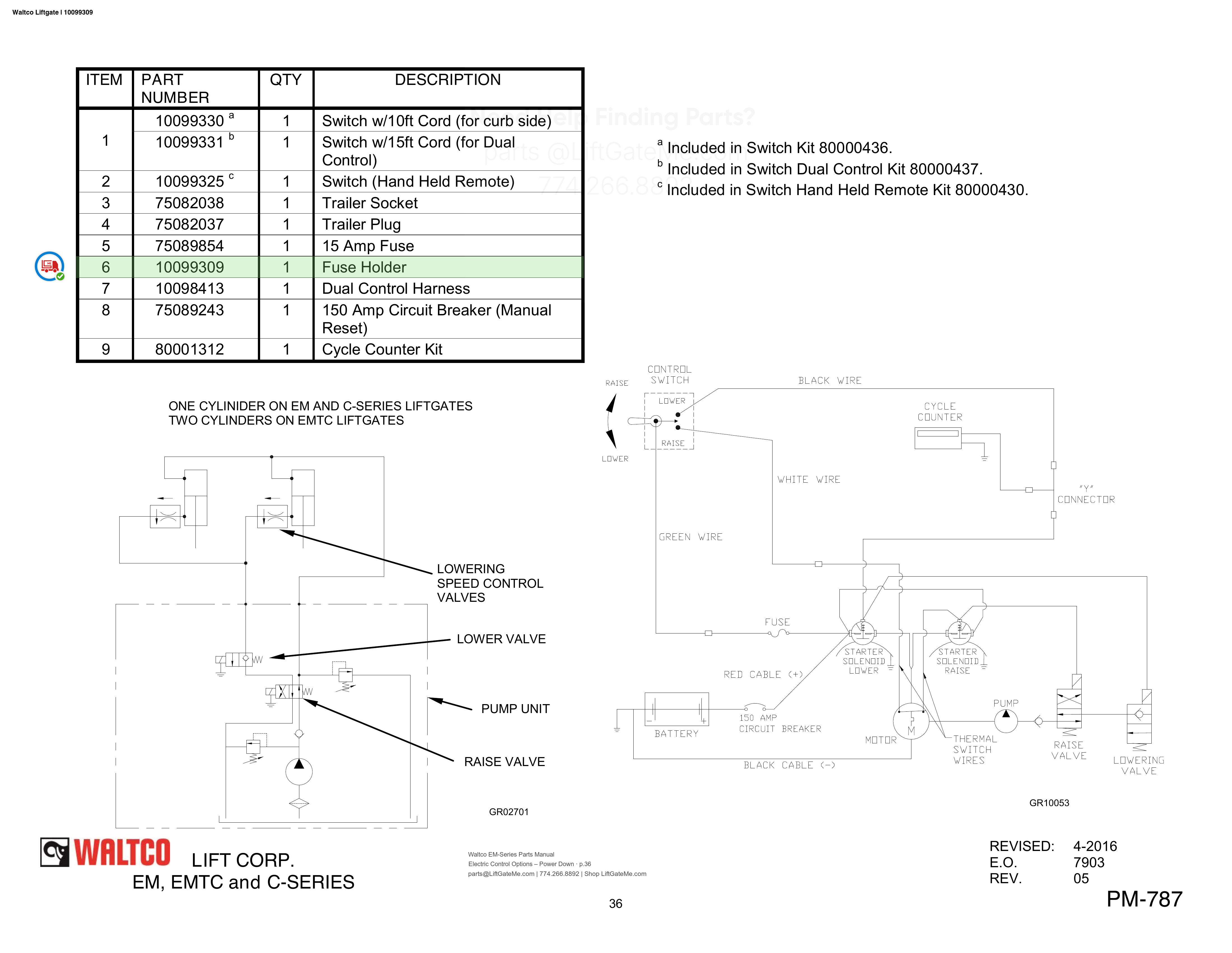 Waltco Liftgate | 10099309 — Electric Control Options – Power Down · p.36 (Waltco EM-Series Parts Manual)