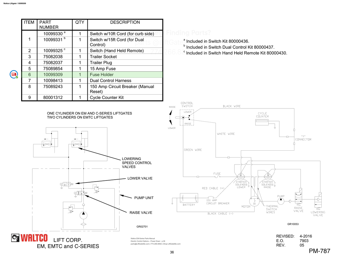 Waltco Liftgate | 10099309 — Electric Control Options – Power Down · p.36 (Waltco EM-Series Parts Manual)