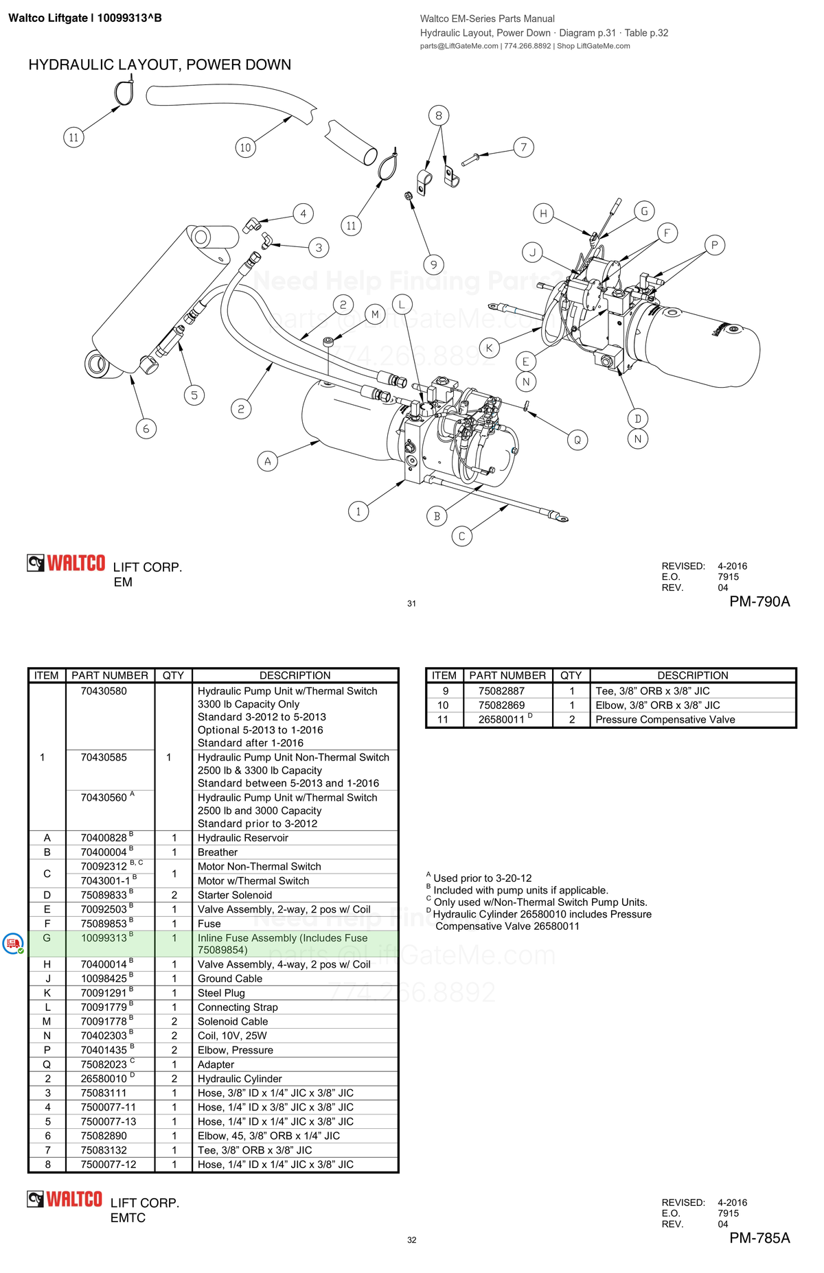 Waltco Liftgate | 10099313 — Hydraulic Layout, Power Down · Diagram p.31 · Table p.32 (Waltco EM-Series Parts Manual)