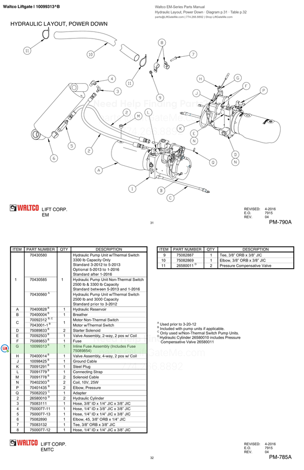 Waltco Liftgate | 10099313 — Hydraulic Layout, Power Down · Diagram p.31 · Table p.32 (Waltco EM-Series Parts Manual)