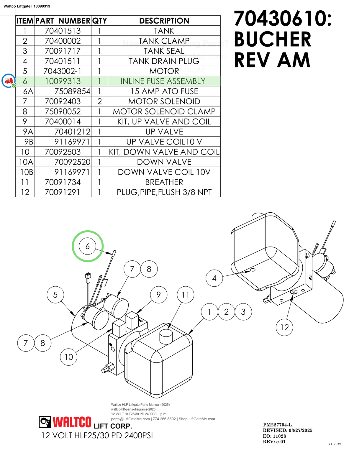 Waltco Liftgate | 10099313 — 12 VOLT HLF25/30 PD 2400PSI · p.21 (Waltco HLF Parts Manual)