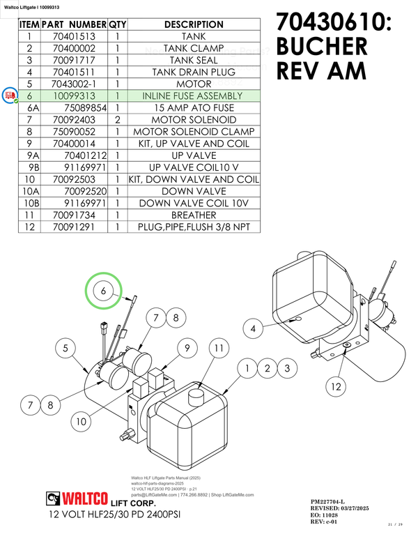 Waltco Liftgate | 10099313 — 12 VOLT HLF25/30 PD 2400PSI · p.21 (Waltco HLF Parts Manual)