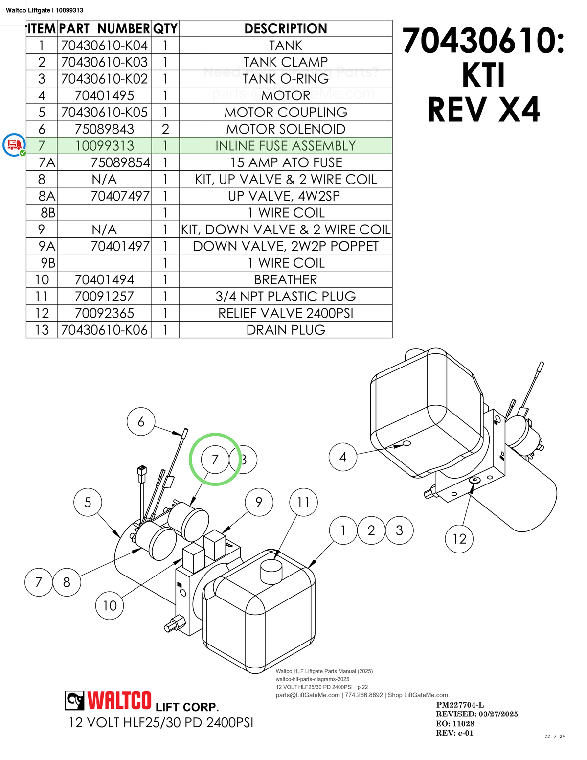 Waltco Liftgate | 10099313 — 12 VOLT HLF25/30 PD 2400PSI · p.22 (Waltco HLF Parts Manual)