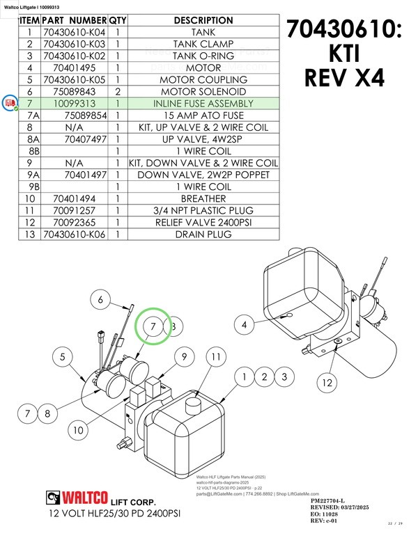 Waltco Liftgate | 10099313 — 12 VOLT HLF25/30 PD 2400PSI · p.22 (Waltco HLF Parts Manual)