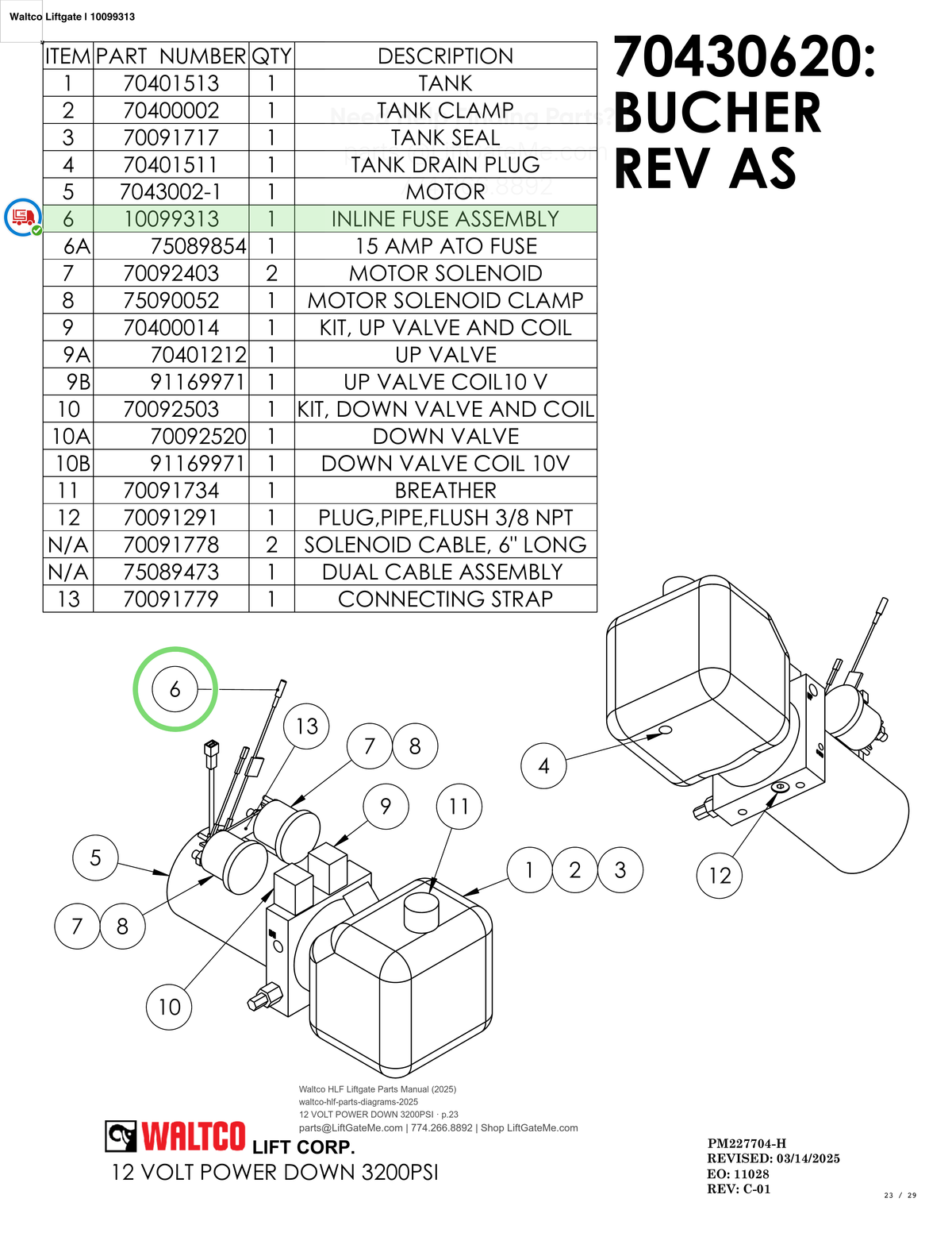 Waltco Liftgate | 10099313 — 12 VOLT POWER DOWN 3200PSI · p.23 (Waltco HLF Parts Manual)