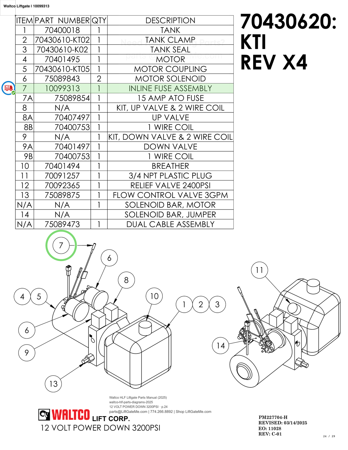 Waltco Liftgate | 10099313 — 12 VOLT POWER DOWN 3200PSI · p.24 (Waltco HLF Parts Manual)