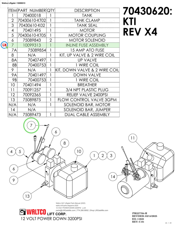 Waltco Liftgate | 10099313 — 12 VOLT POWER DOWN 3200PSI · p.24 (Waltco HLF Parts Manual)