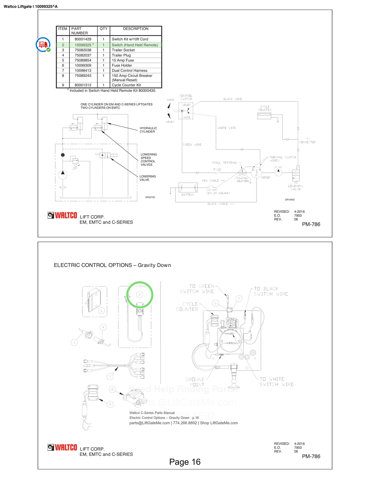 Waltco Liftgate | 10099325 — Electric Control Options – Gravity Down · p.16 (Waltco C-Series Parts Manual)