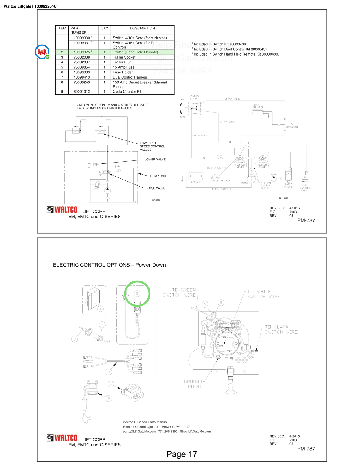 Waltco Liftgate | 10099325 — Electric Control Options – Power Down · p.17 (Waltco C-Series Parts Manual)