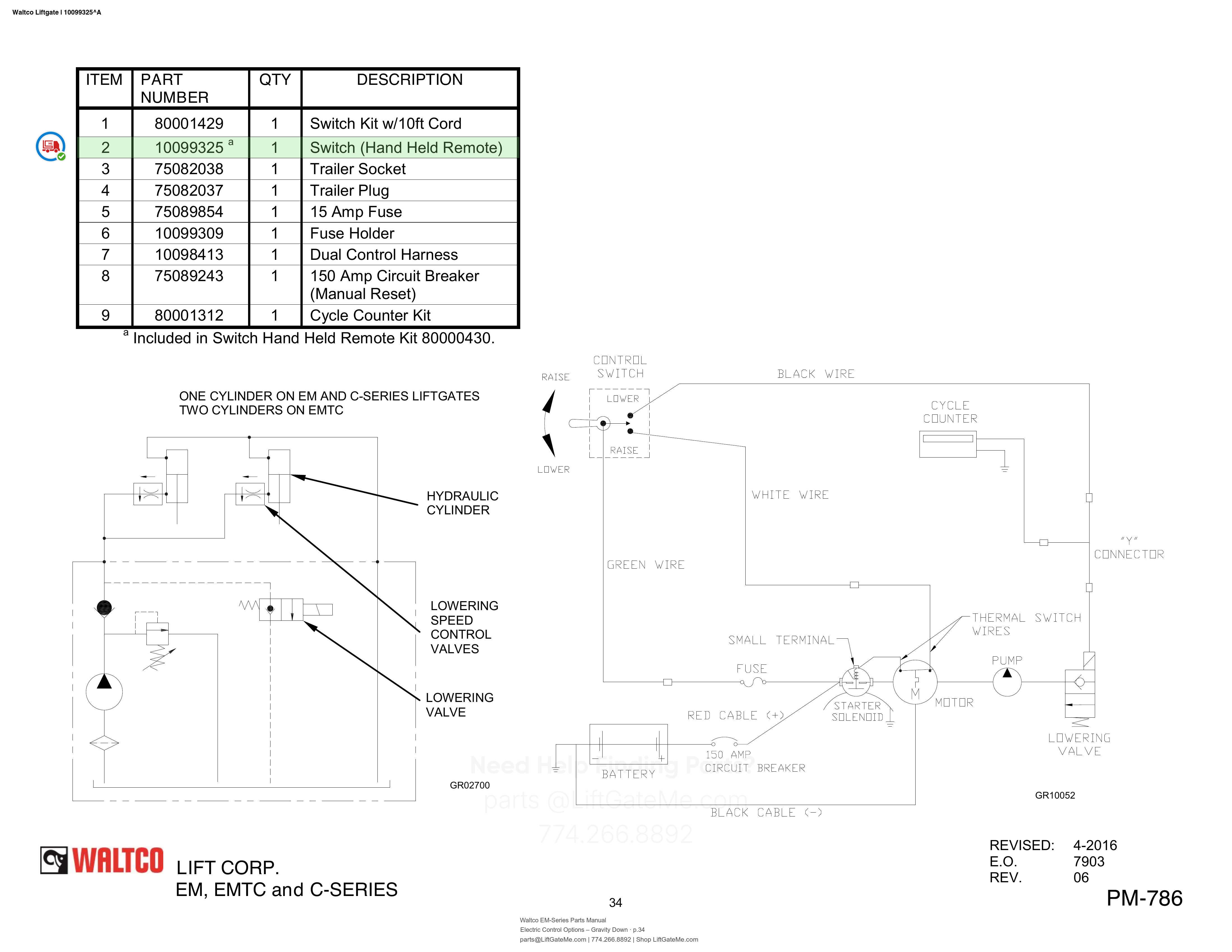 Waltco Liftgate | 10099325 — Electric Control Options – Gravity Down · p.34 (Waltco EM-Series Parts Manual)