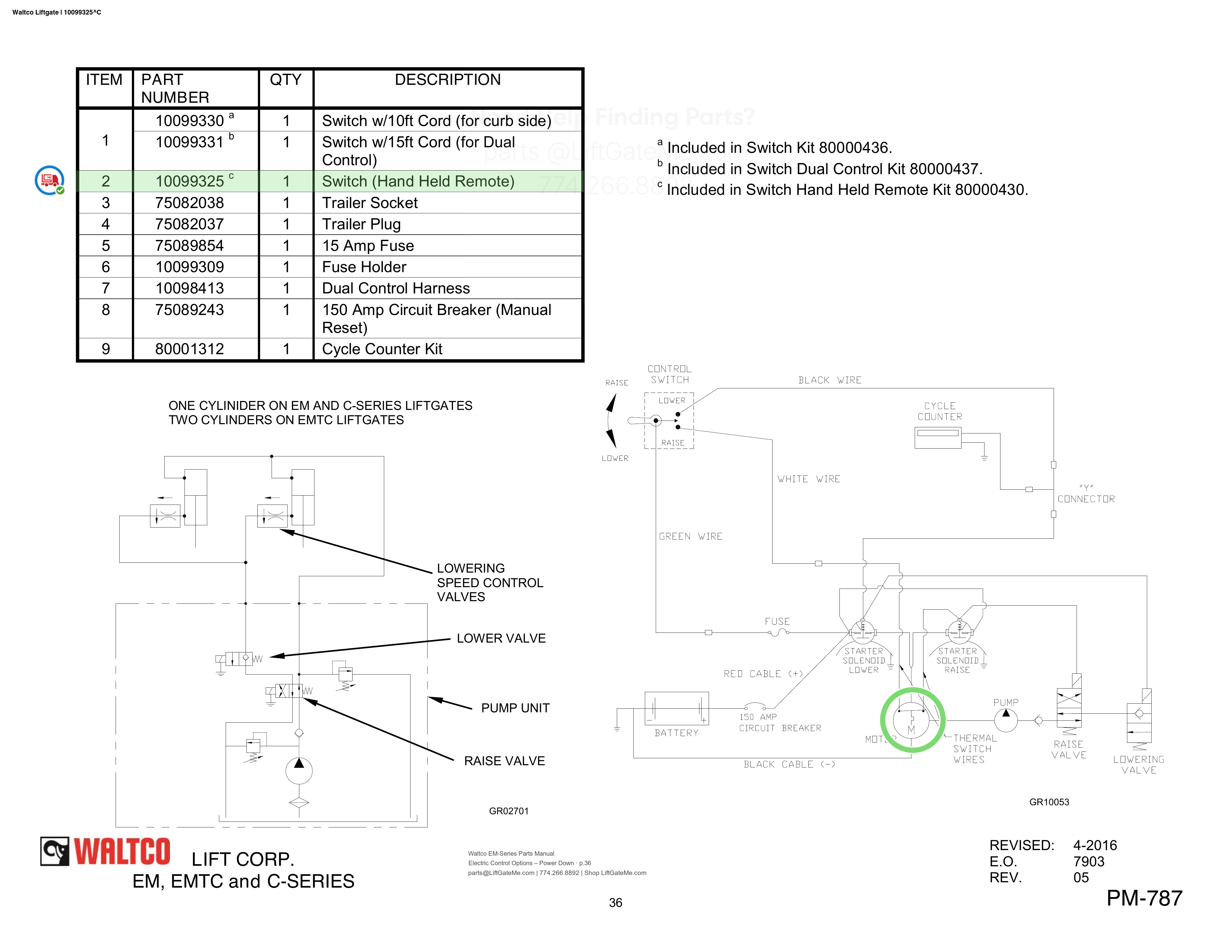 Waltco Liftgate | 10099325 — Electric Control Options – Power Down · p.36 (Waltco EM-Series Parts Manual)