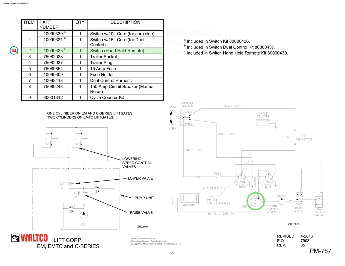 Waltco Liftgate | 10099325 — Electric Control Options – Power Down · p.36 (Waltco EM-Series Parts Manual)