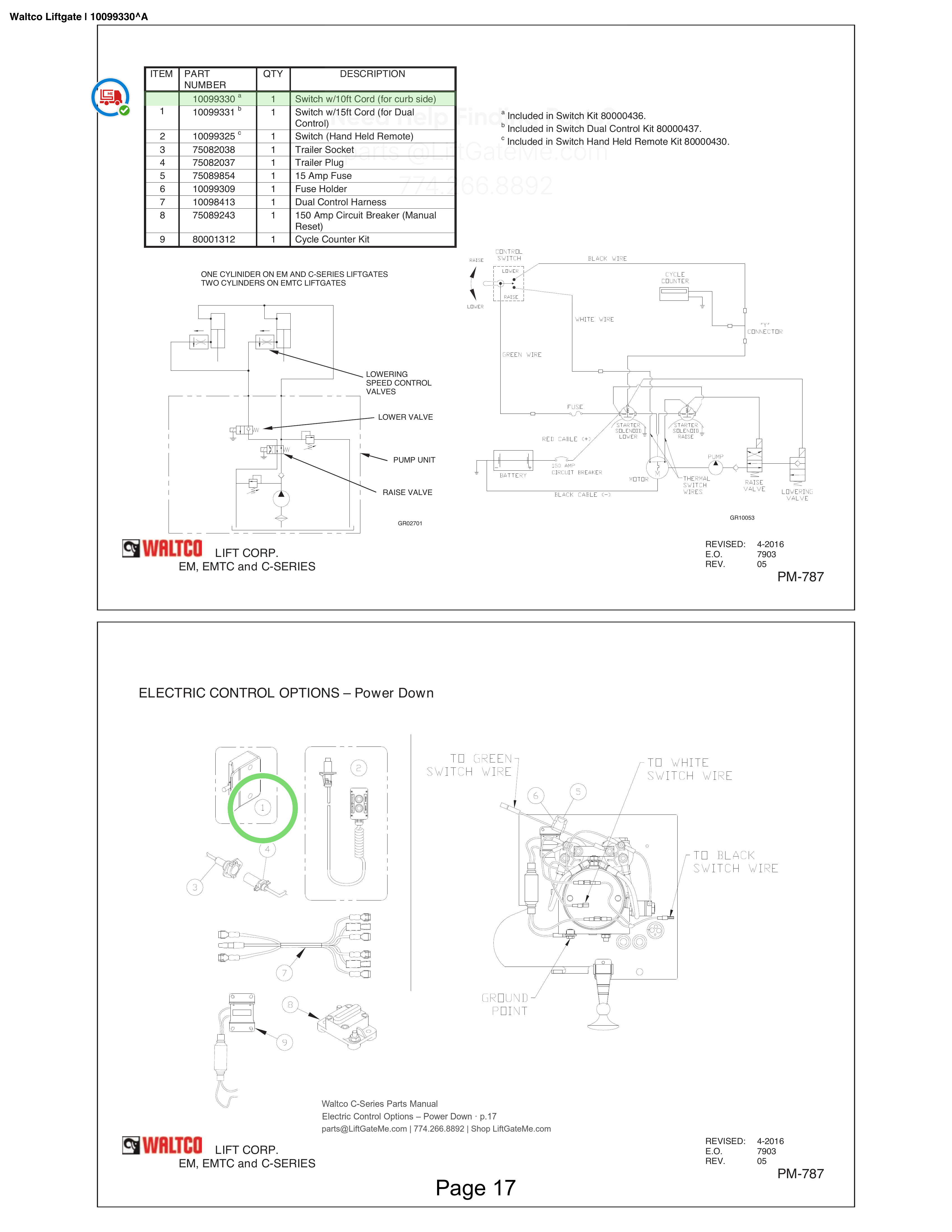 Waltco Liftgate | 10099330 — Electric Control Options – Power Down · p.17 (Waltco C-Series Parts Manual)