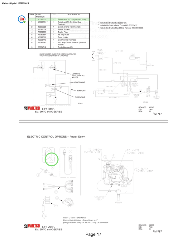 Waltco Liftgate | 10099330 — Electric Control Options – Power Down · p.17 (Waltco C-Series Parts Manual)