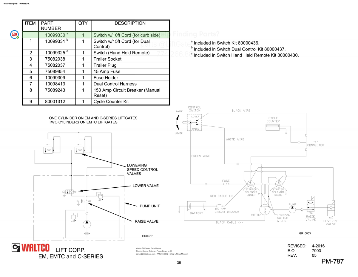 Waltco Liftgate | 10099330 — Electric Control Options – Power Down · p.36 (Waltco EM-Series Parts Manual)