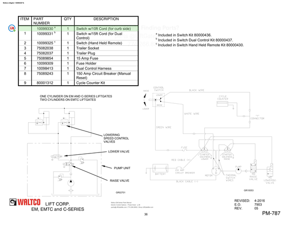 Waltco Liftgate | 10099330 — Electric Control Options – Power Down · p.36 (Waltco EM-Series Parts Manual)