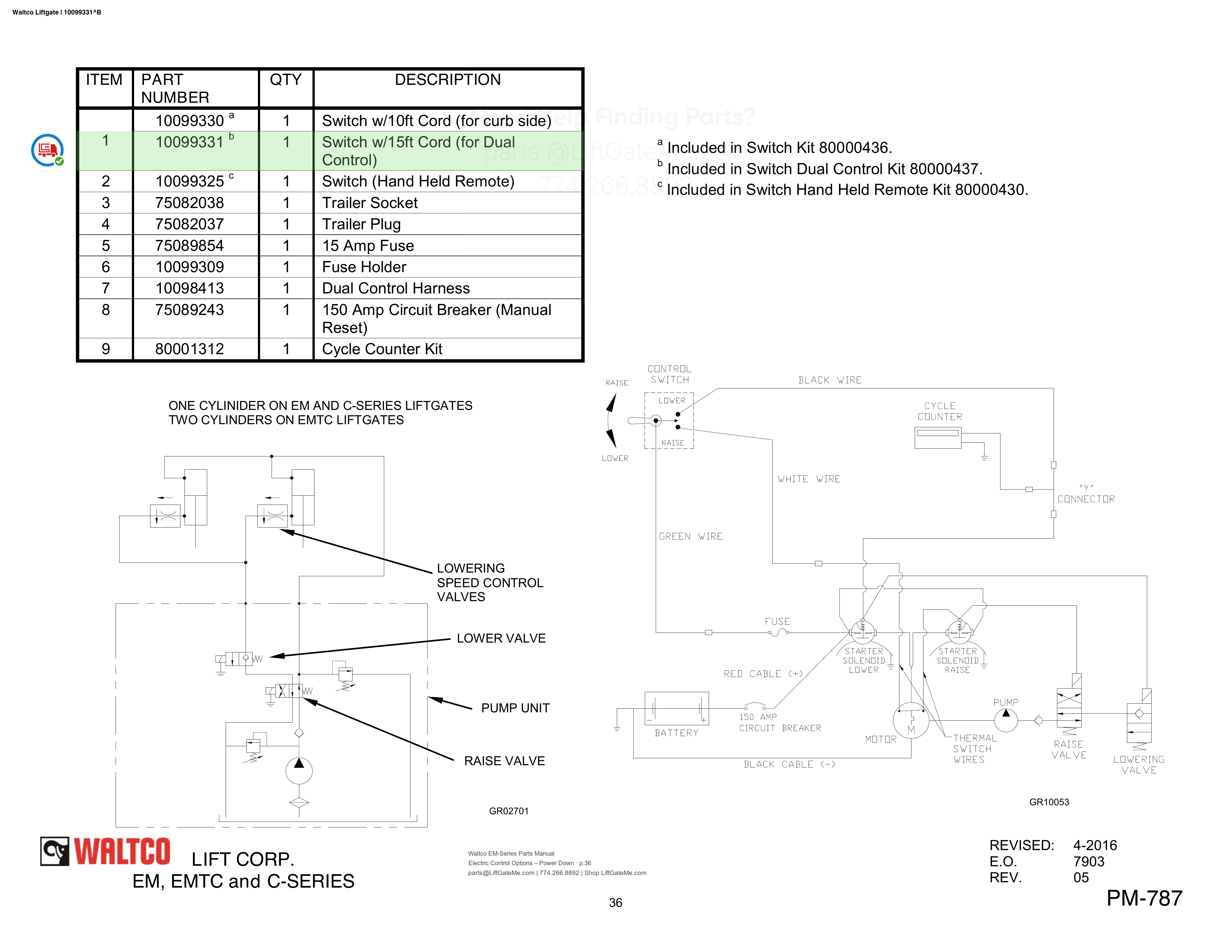 Waltco Liftgate | 10099331 — Electric Control Options – Power Down · p.36 (Waltco EM-Series Parts Manual)