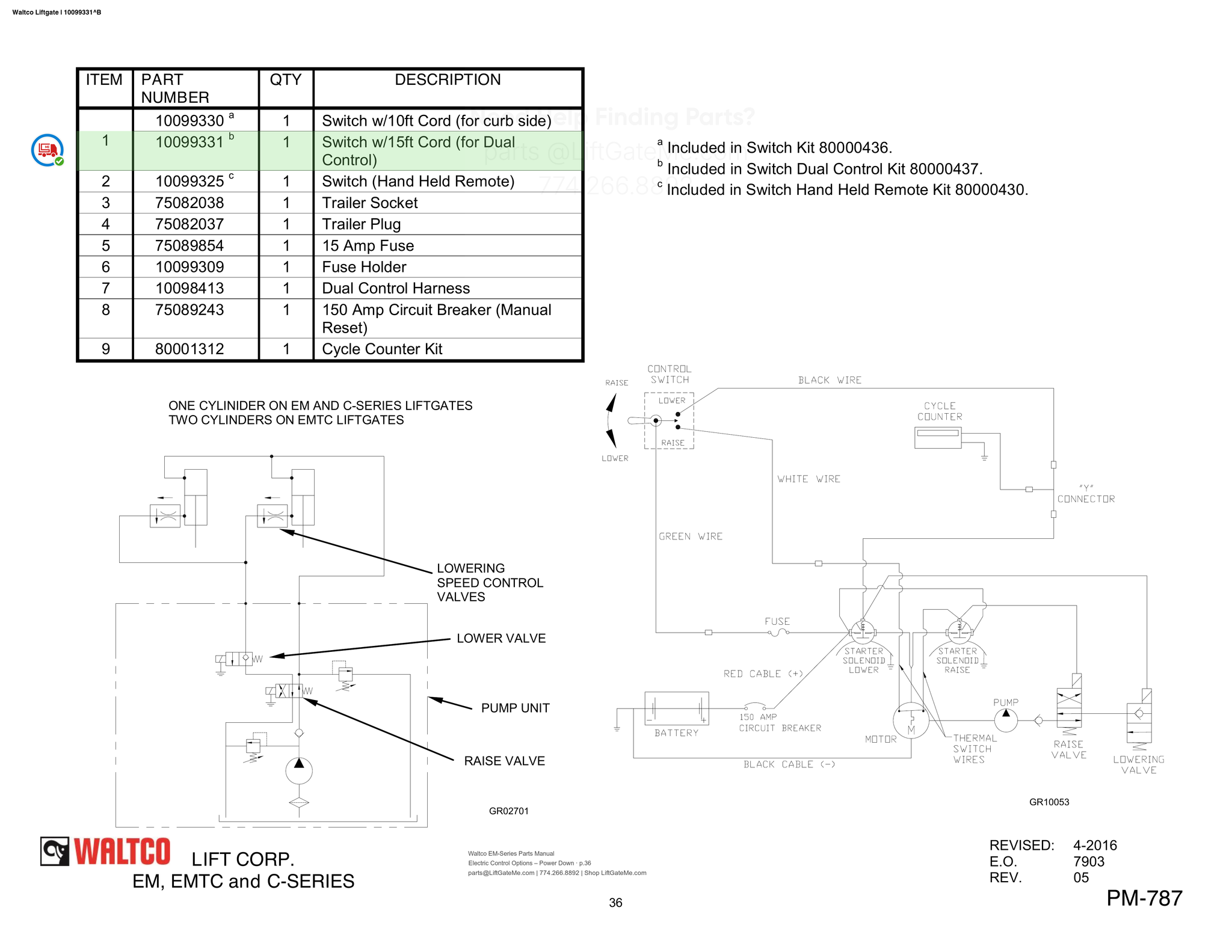 Waltco Liftgate | 10099331 — Electric Control Options – Power Down · p.36 (Waltco EM-Series Parts Manual)