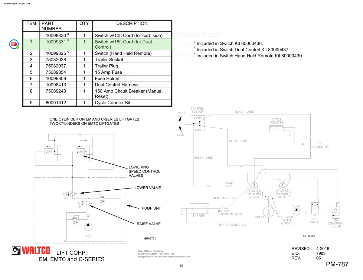 Waltco Liftgate | 10099331 — Electric Control Options – Power Down · p.36 (Waltco EM-Series Parts Manual)