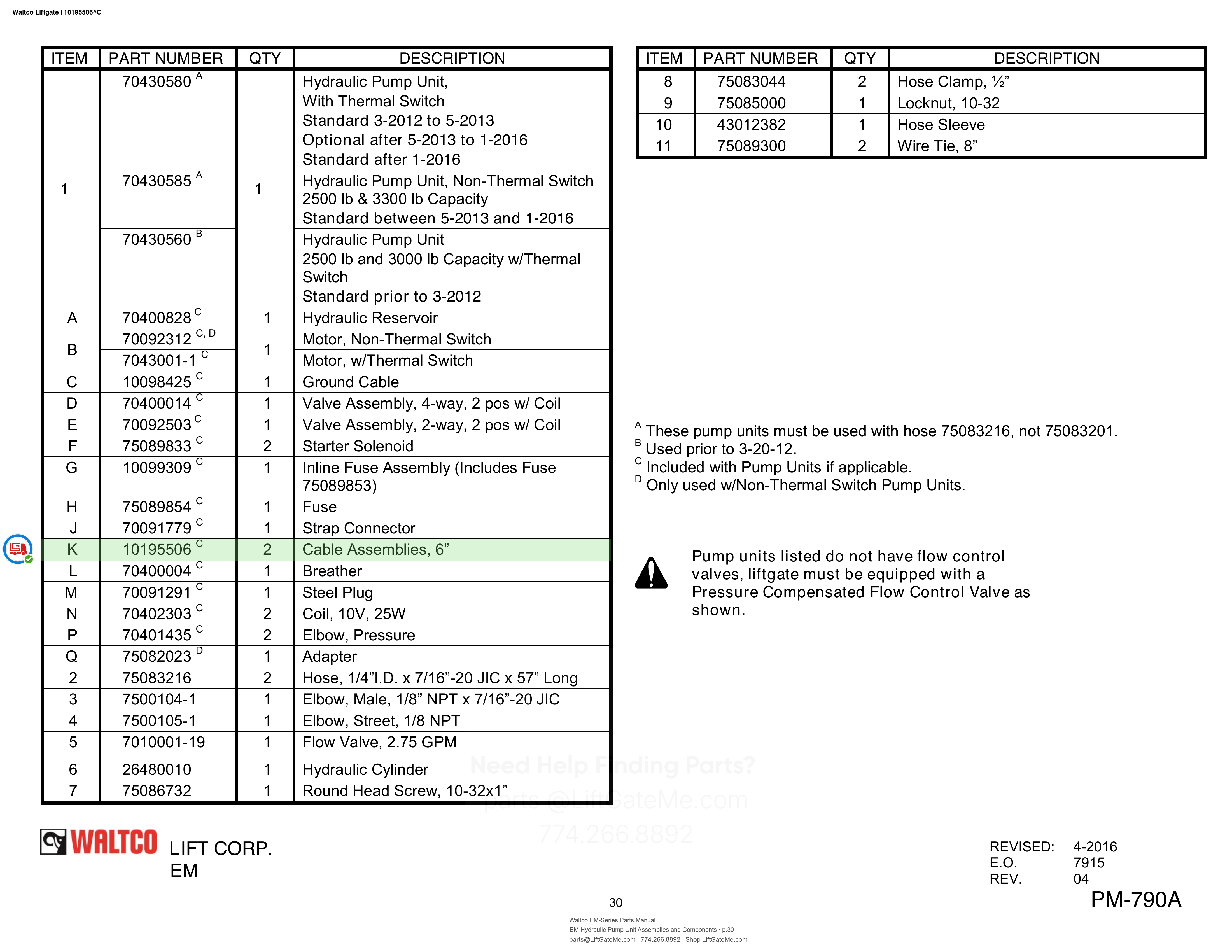 Waltco Liftgate | 10195506 — EM Hydraulic Pump Unit Assemblies and Components · p.30 (Waltco EM-Series Parts Manual)