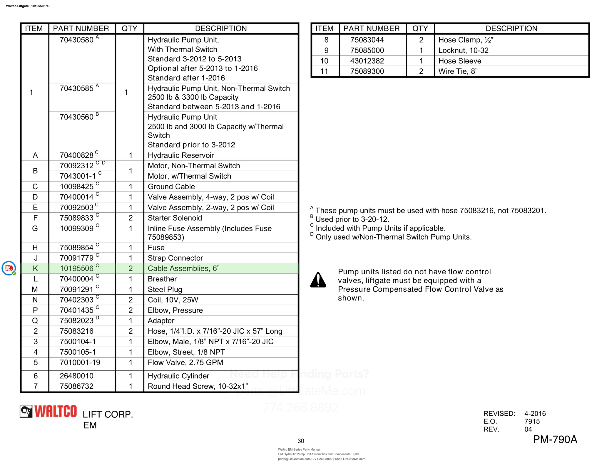 Waltco Liftgate | 10195506 — EM Hydraulic Pump Unit Assemblies and Components · p.30 (Waltco EM-Series Parts Manual)