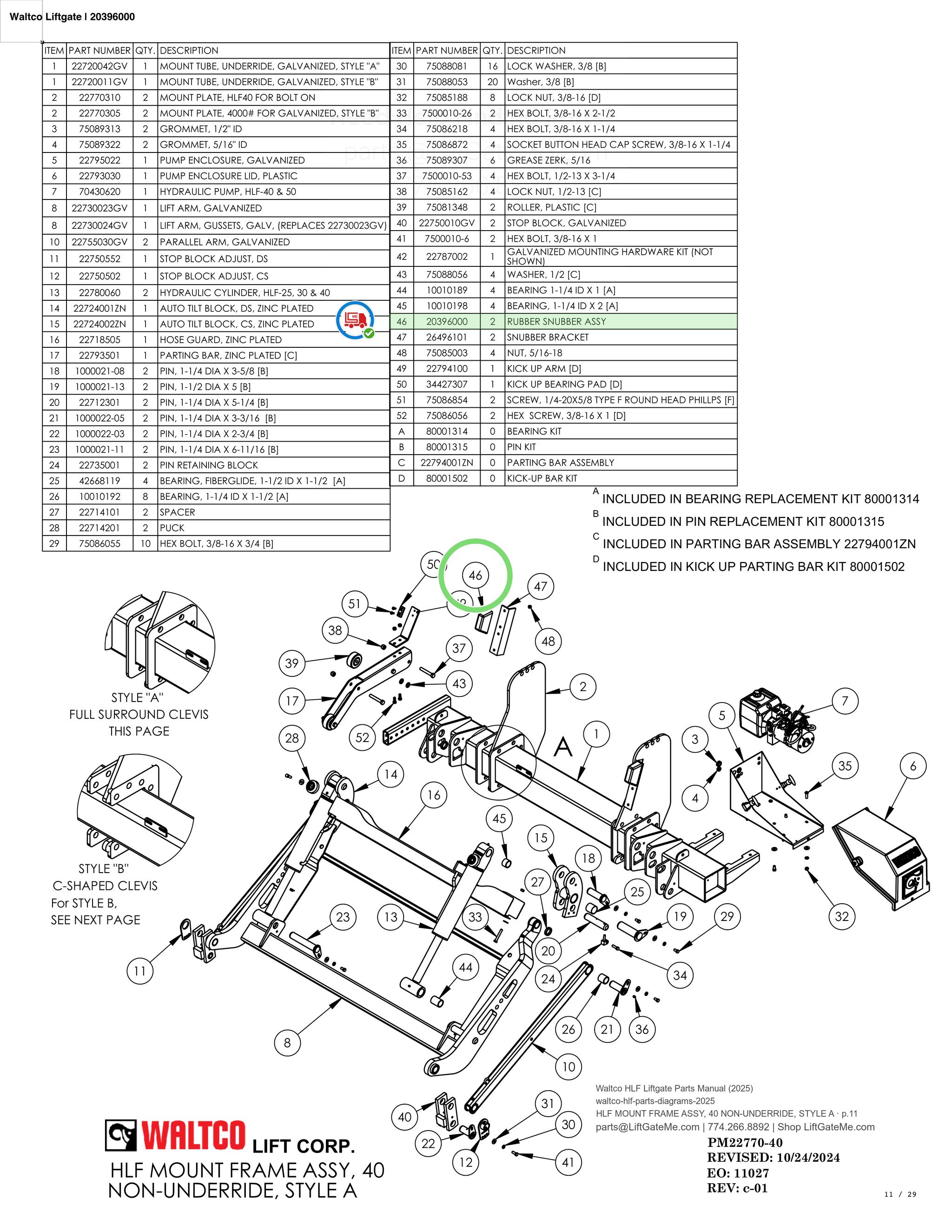 Waltco Liftgate | 20396000 — HLF MOUNT FRAME ASSY, 40 NON-UNDERRIDE, STYLE A · p.11 (Waltco HLF Parts Manual)